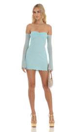 Mesh Off Shoulder Bodycon Dress in Blue