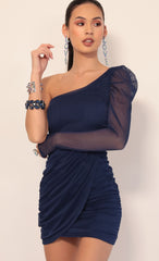 Puff Sleeve Mesh Dress in Navy