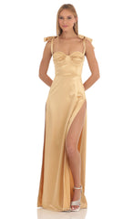 Satin Slit Maxi Dress in Gold