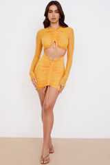 orange ruched mesh long sleeve cutout mini dress
