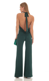 Drape Open Back Jumpsuit in Dark Green