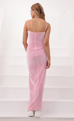 Velvet V- Neck Maxi Dress In Barbie Pink