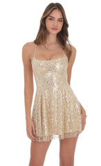 Sequin Beaded Fit and Flare Dress in Gold