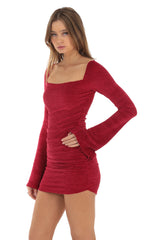 Velvet Pleated Bell Sleeve Dress in Red
