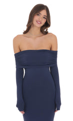Off Shoulder Open Back Maxi Dress in Navy