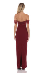 Tulle Off Shoulder Maxi Dress in Maroon
