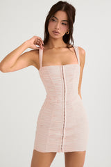 crystal ruched mesh mini dress