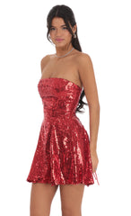 Sequin Strapless Fit and Flare Dress in Red