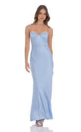 Open Back Satin Maxi Dress in Light Blue