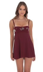 Beaded Floral Babydoll Dress in Burgundy
