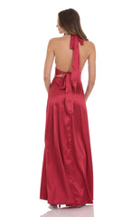 Satin Halter Maxi Dress in Red