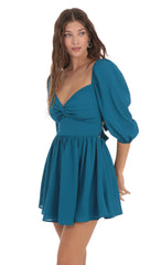 Puff Sleeve Twist Dress in Blue