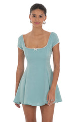 Satin Short Sleeve A-line Dress in Aqua Blue