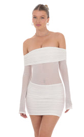 Rhinestone Mesh Off Shoulder Dress in White