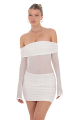 Rhinestone Mesh Off Shoulder Dress in White
