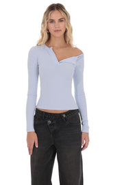 Off Shoulder Henley Top in Light Blue