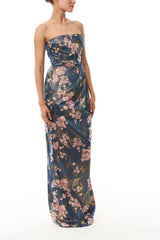 Draped Floral Strapless Column Gown