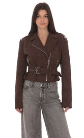 Faux Leather Cropped Moto Jacket in Brown