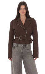 Faux Leather Cropped Moto Jacket in Brown