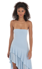 Strapless Ruffle Asymmetrical Maxi Dress in Blue