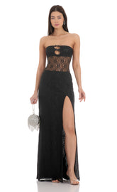 Lace Cutout Strapless Maxi Dress in Black