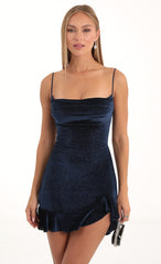 Kailani Velvet Glitter Cowl Neck Dress in Blue