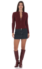 Mock Neck Zip-Up Cardigan in Maroon