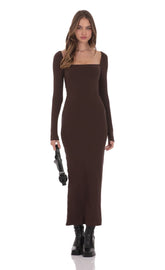 Cinch-Tie Ribbed Maxi Dress in Brown