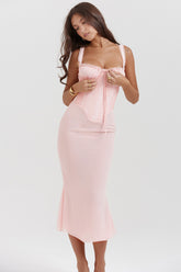soft peach lace back midi dress
