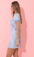 Puff Sleeve Wrap Dress in Blue Leopard