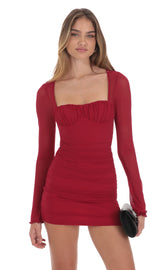 Mesh Long Sleeve Dress in Red