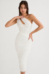 ivory asymmetric cutout midi dress