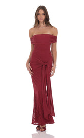 Lace Tassel Wrap Maxi Dress in Maroon