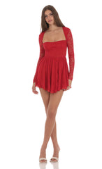 Long Sleeve Lace A-line Dress in Red