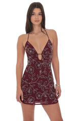 Floral Sequin Beaded Dress in Burgundy