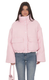High Collar Cropped Puffer Jacket in Pink