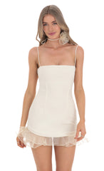 Flower Choker Square Neck Ruffle Dress in Cream