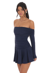 Off Shoulder Ruched Flare Dress in Navy