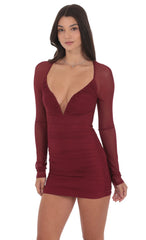 Mesh Long Sleeve Bodycon Dress in Burgundy