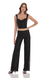Sequin Satin Strap Two Piece Set in Black