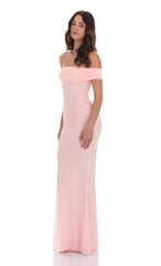 Mesh Shell Off Shoulder Maxi Dress in Pink