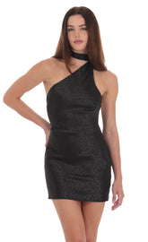 Leopard Jacquard Scarf Halter Dress in Black