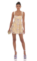 Embroidered Floral Fit and Flare Dress in Gold