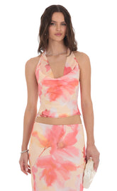 Floral Cowl Neck Halter Top in Orange