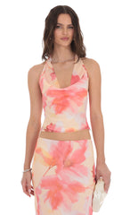 Floral Cowl Neck Halter Top in Orange