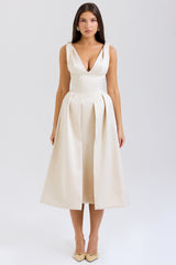 vintage cream satin pleated midi dress