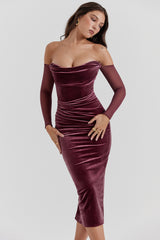 mulberry strapless midi dress