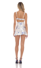 Satin Floral Open Back Dress in White