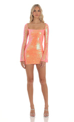 Iridescent Sequin Long Sleeve Dress in Orange