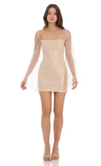 Tulle Sequin Flare Sleeve Dress in Champagne